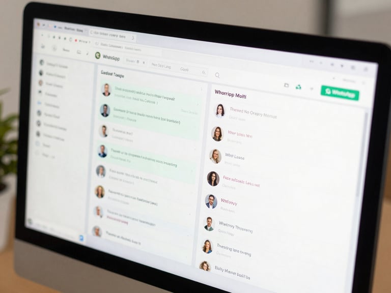 Close-up of a modern SaaS dashboard on a large monitor, WhatsApp multi-agent inbox visible with real message threads mid-conversation, kanban columns partially in view, bright clean indoor office light, slightly angled top-down framing to show screen detail