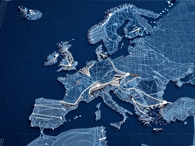High-angle geometric blueprint of maritime shipping routes from Mersin Port across the Mediterranean to Northern Europe, sharp vector lines, technical grid overlay, deep navy and steel blue tones.