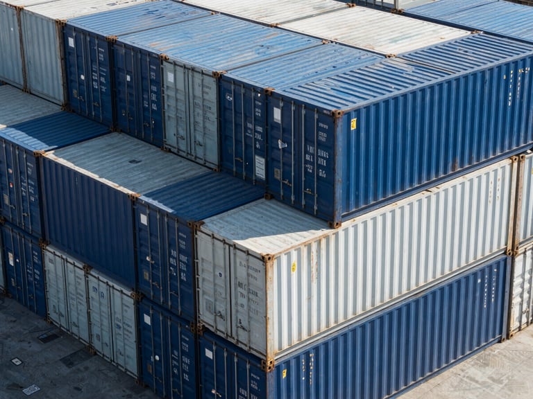 High-angle geometric pattern of stacked blue and white shipping containers at Mersin Port under bright daylight, clean lines, technical composition.