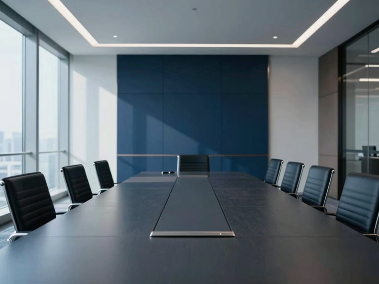 Architectural shot of a modern corporate boardroom, empty, with elegant design and natural light, deep navy and slate shadows.
