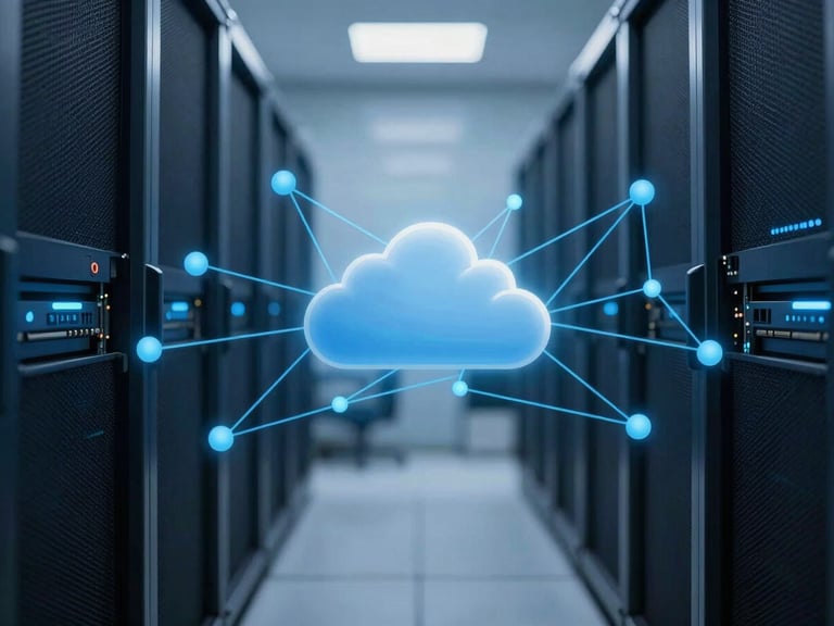 Abstract cloud computing graphic, interconnected network of servers and data points, blue and cyan tones, shallow depth of field.