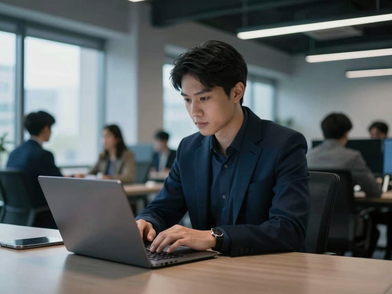 Professional working on a laptop in a contemporary co-working space, focused expression, subtle blue ambient light.