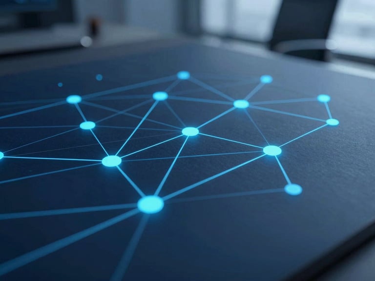 Abstract representation of data flow and connectivity, glowing lines and nodes on a dark blue background, subtle cyan accents.