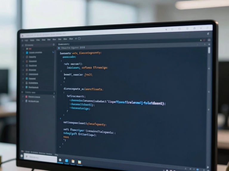 Clean, minimalist code on a monitor screen, subtle blue glow, cool office daylight, focus on detail.