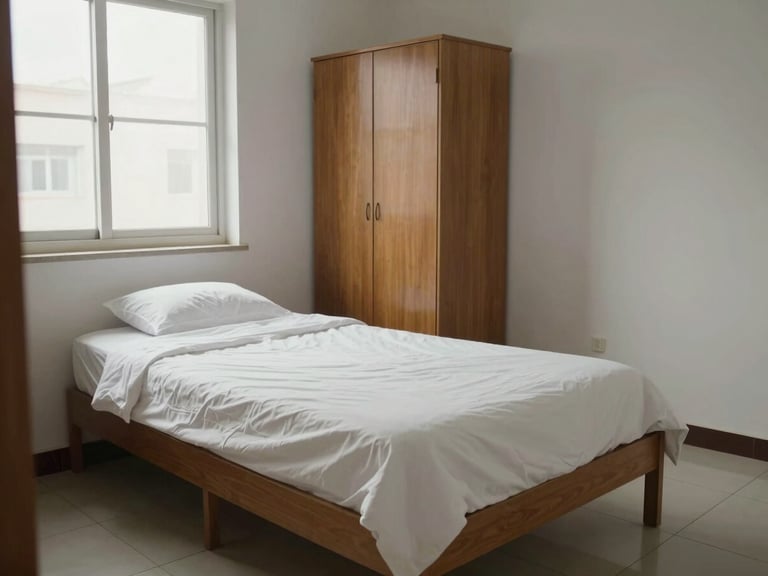 Medium environmental shot of a single-occupancy PG room, neatly made bed with white linen, wooden wardrobe against the wall, natural daylight from a side window, clean tiled floor, no clutter, honest documentary framing