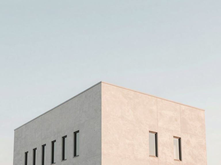 Minimalist architectural photography of a modern Orlando office building with clean concrete lines, soft morning daylight, high-key pastel tones.