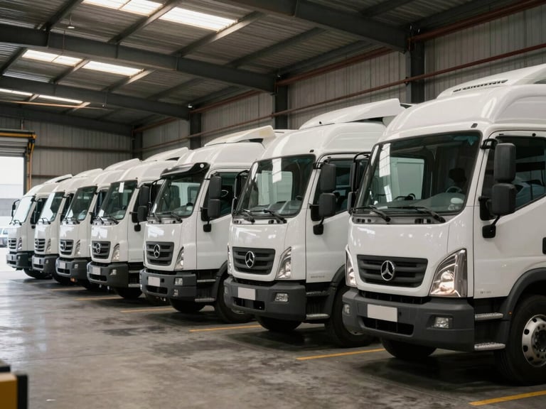 Wide shot of a fleet of white moving trucks parked in an organized row inside a loading bay, shot from a low angle showing the full length of the vehicles, natural daylight from warehouse skylights, no people, industrial concrete floor