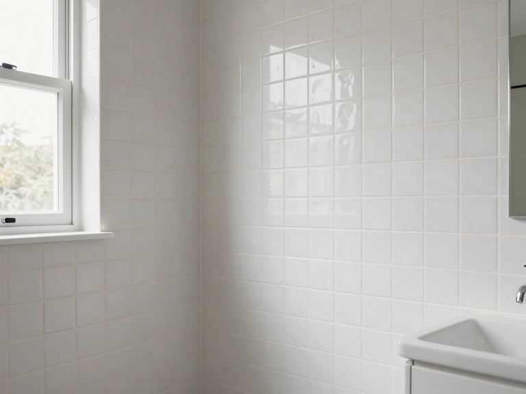 Crisp architectural photography of a modern bathroom renovation, natural daylight highlighting perfectly aligned white zellige tile grout lines, neutral tones