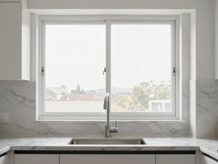 Clean modern kitchen with marble tile backsplash, bright daylight, architectural framing, sharp focus