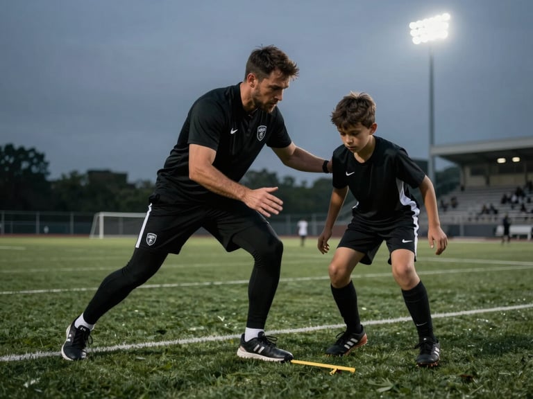 Moody, high-contrast athletic photography of a male academy football coach instructing a young player during an agility drill under stadium floodlights, shallow depth of field, 35mm.