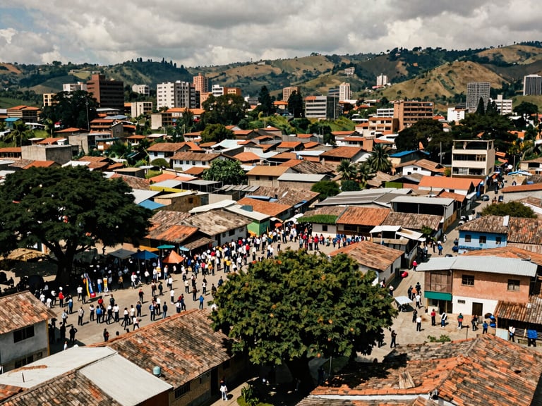 Wide panoramic urban landscape of community resistance in Colombia, organized neighborhood gathering, high contrast documentary film photography, overcast daylight, earthy tones.