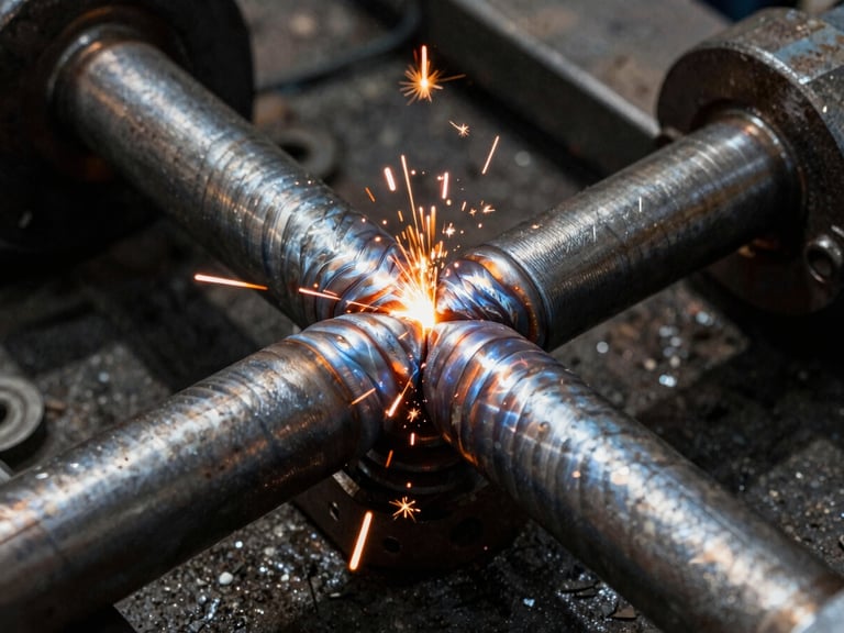 Extreme close-up of heavy-duty steel welds on industrial machinery, sparks flying, dark gritty background with harsh side lighting