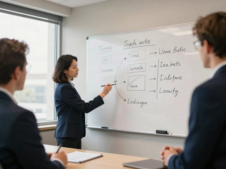 Modern conference room, team collaborating on a whiteboard with strategic points, natural daylight, corporate navy and warm neutral tones, shallow depth of field, 35mm