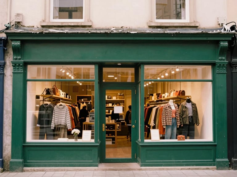 Medium environmental shot of an authentic retail storefront in Northern Ireland, soft overcast daylight, warm editorial photography style