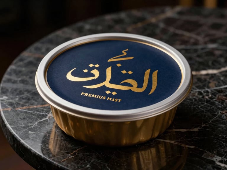 Premium food packaging mockup with gold foil Arabic script, gourmet product container on dark marble table, cinematic lighting