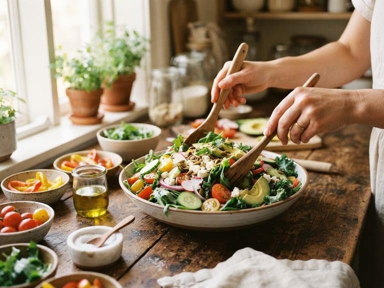 A warm editorial photo of fresh ingredients on a wooden table, soft natural window light, hands preparing a colorful salad, 35mm