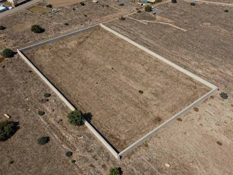 Close aerial framing of a rectangular land parcel in Turkey, boundary markers visible at corners, surrounding dry earth and sparse vegetation, architectural survey perspective, natural daylight, no people