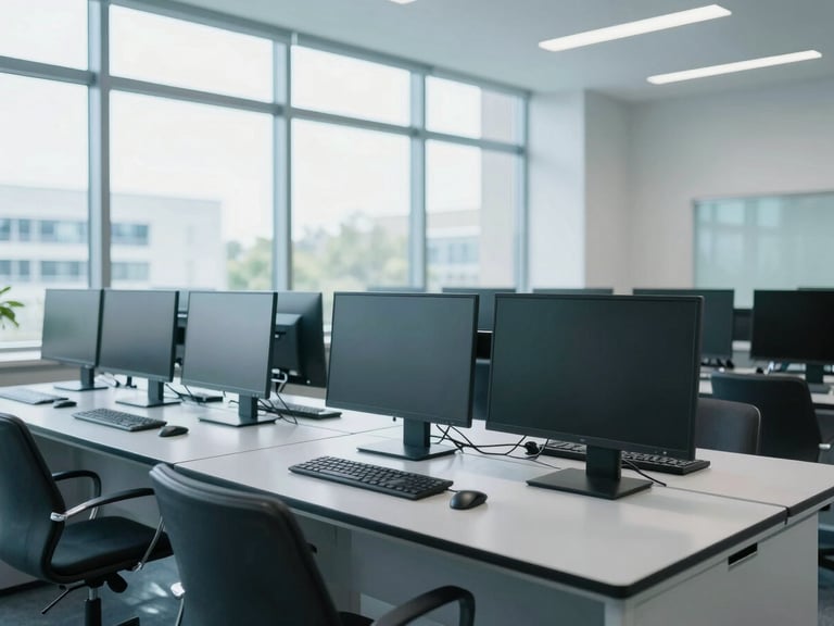 Bright sunlit modern university computer lab with clean architectural lines, cool blue tones, sharp focus, 35mm