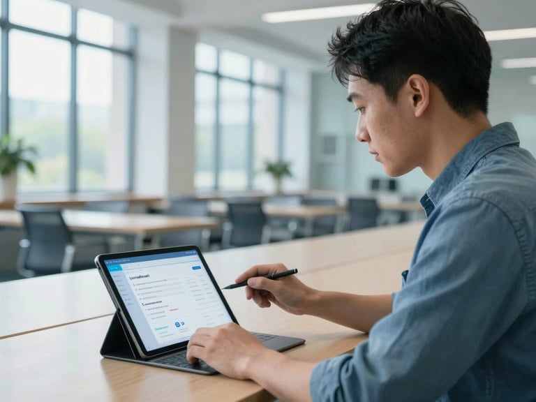 Tight environmental shot of a modern educator reviewing curriculum-aligned AI dashboard on a tablet in a sunlit university hall, cool blue tones, 35mm