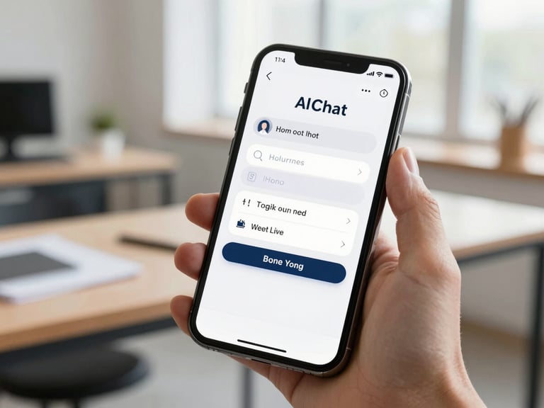 Close-up of a modern smartphone screen displaying an AI chat interface with a friendly greeting and booking prompt, held by a business owner in a clean workshop, bright natural daylight.