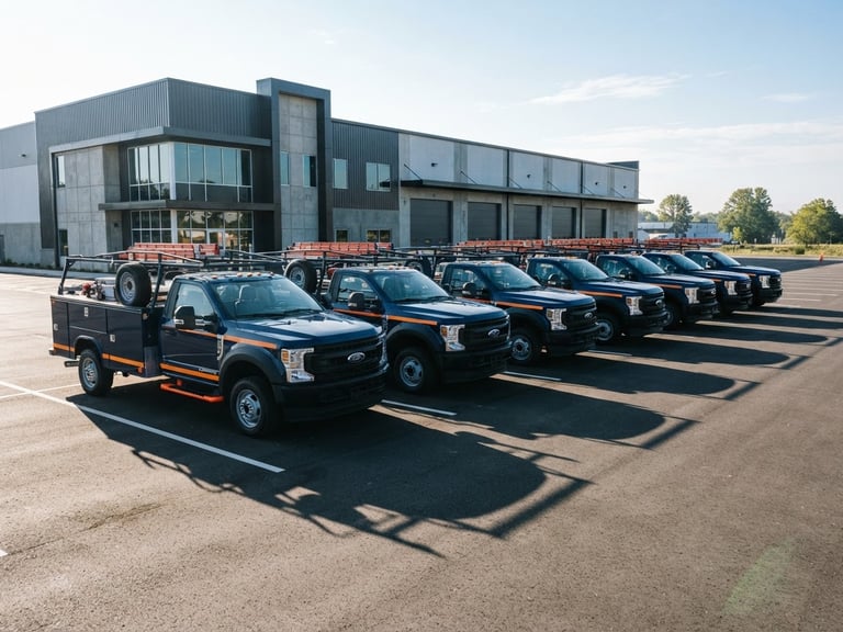 A line of branded navy blue service trucks parked in a neat row outside a modern industrial facility, bright morning sun casting sharp shadows, professional editorial photography