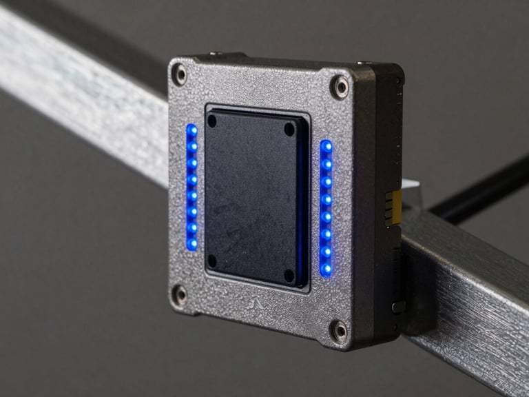 Extreme close-up detail of a ruggedized industrial edge-computing sensor unit mounted on a steel mast arm, metallic texture, blue LED indicator lights glowing in the dark