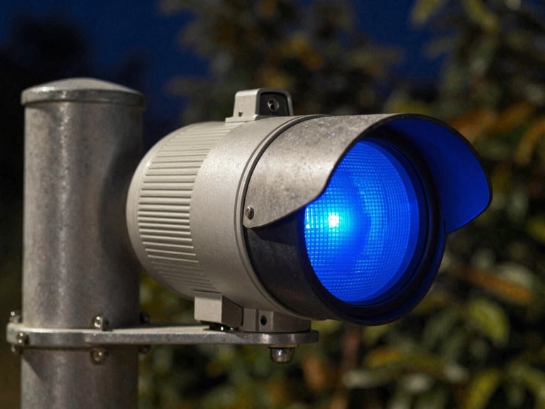 Extreme close-up detail shot of a ruggedized optical traffic sensor mounted on a steel mast arm, cool-toned night lighting, sharp blue status LEDs reflecting on metal.