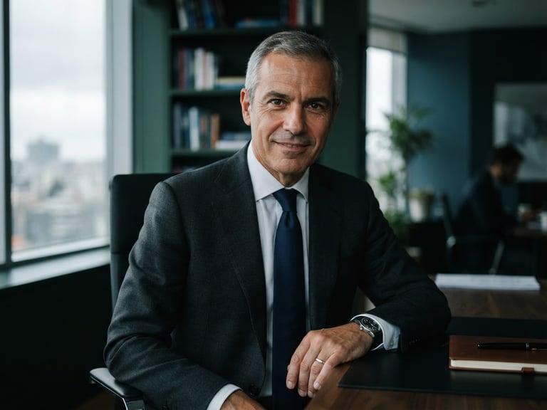 Medium-close portrait of Carlos Matos in a dark suit, natural overcast window light, professional corporate office, sharp focus, 35mm