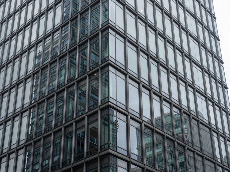 Abstract architectural crop of a high-end steel and glass skyscraper corner, cool diffused daylight, sharp high-contrast shadows, 35mm photography