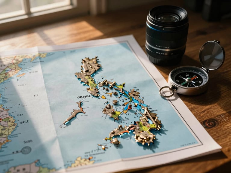 A rugged physical map of the Philippines resting on a wooden table next to a tactical compass, warm golden hour window light, high contrast shadows, 35mm lens