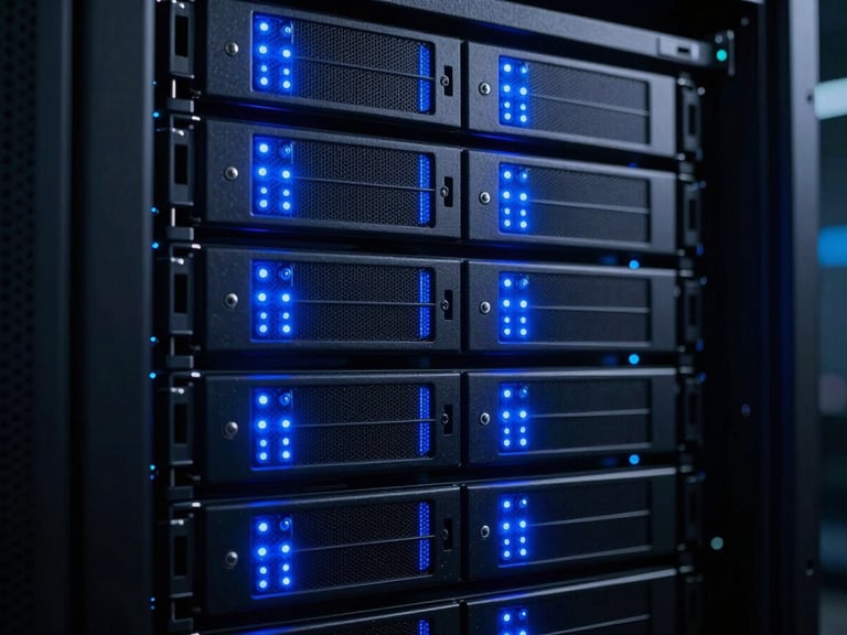 Close-up of a server rack with glowing blue LED indicator lights, high-contrast dark-mode server room, cinematic tech aesthetic, 35mm lens