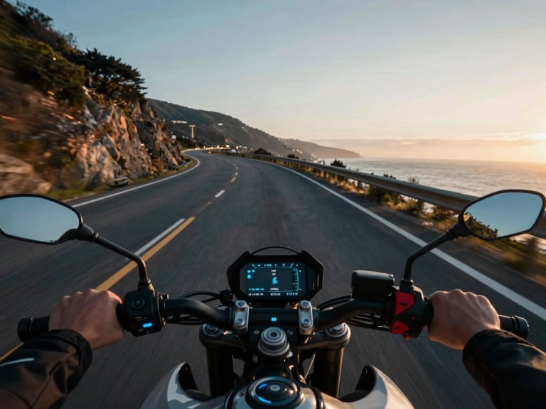 First-person POV motorcycle cockpit view speeding down a winding coastal highway at golden hour, sharp handlebars in focus, cinematic motion blur, 35mm lens
