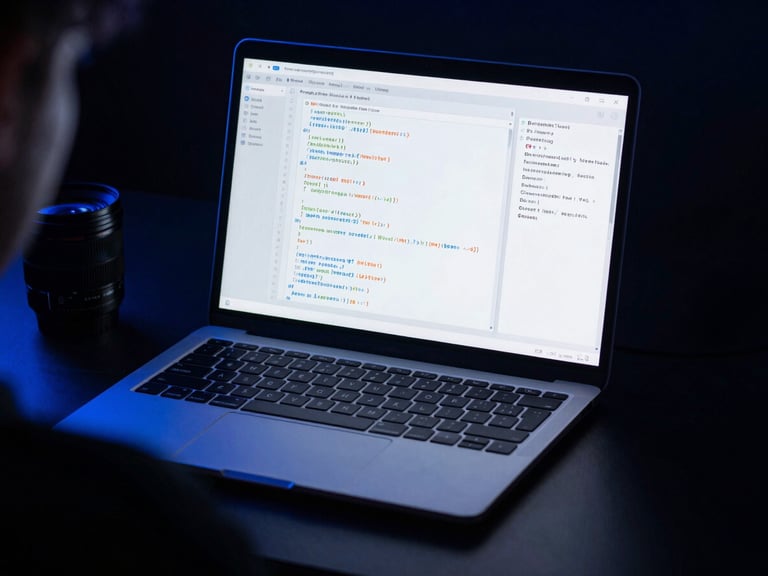Over-the-shoulder shot of a laptop displaying clean code and terminal windows, neon blue ambient lighting, high-contrast dark-mode studio, 35mm lens