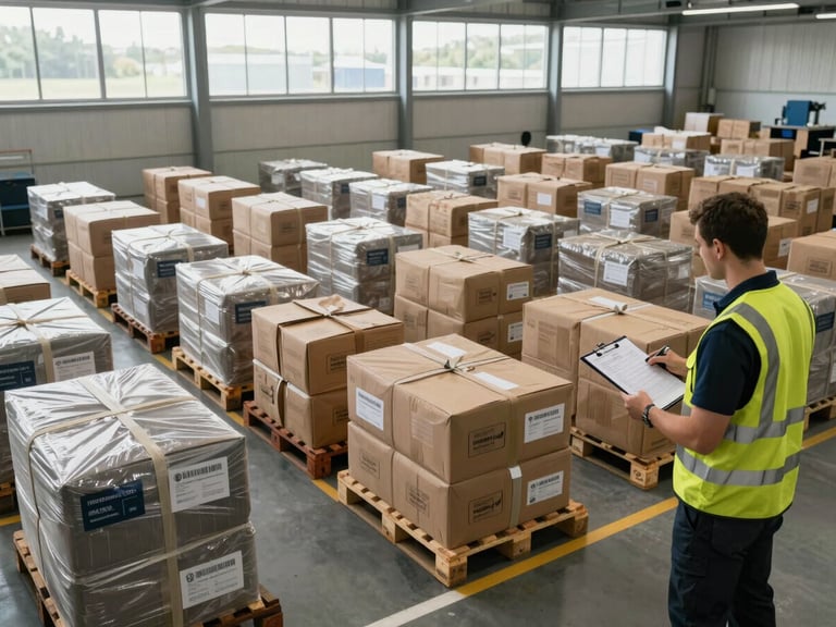 Wide shot of a logistics sorting facility under daylight coming through high clerestory windows, rows of labelled parcels on wooden pallets organized by destination zone, a worker in a high-visibility vest examining a clipboard with route sheets, facility floor markings visible