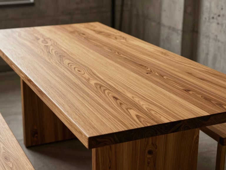 Warm editorial photography of a modern solid oak dining table in a raw concrete architectural space, dramatic side-lighting, sharp focus on wood grain, 35mm