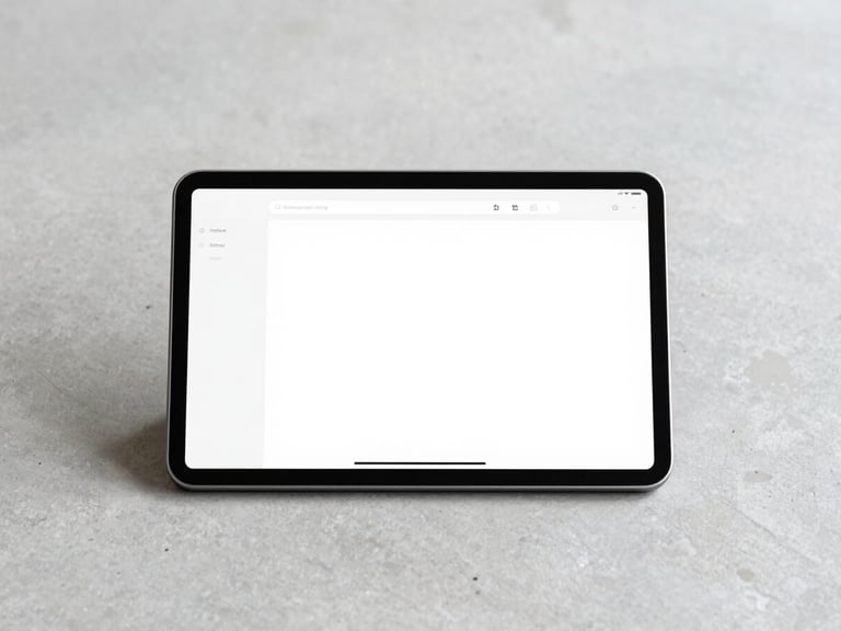 Clean screenshot of a minimalist digital dashboard on a physical tablet device resting on a light grey concrete desk, soft shadows