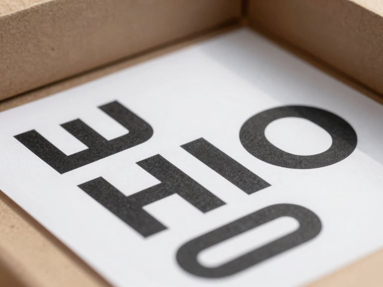 Macro detail shot of printed brand collateral and shipping boxes with bold black typography, crisp natural daylight with soft shadows