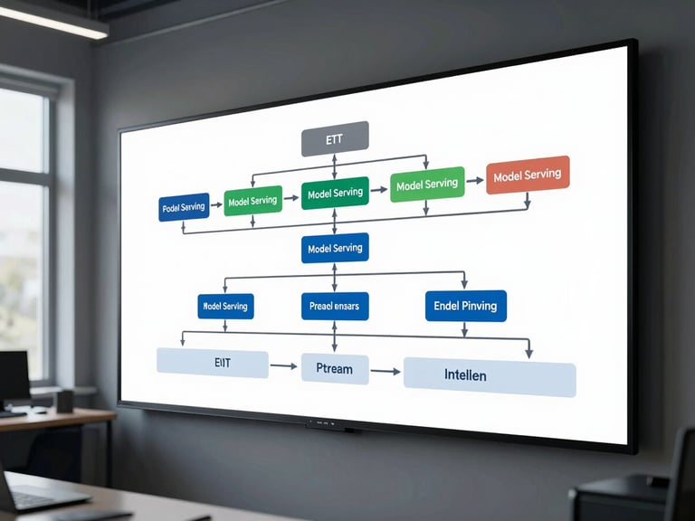 Wide shot of a data pipeline architecture diagram rendered on a large wall-mounted monitor in a low-lit engineering workspace, showing node graphs with labeled ETL stages, model serving endpoints, and stream processing layers, clean daylight from a window to the left, no people visible, technical schematic feel