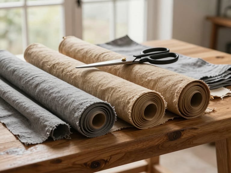 A heavy oak worktable covered in rolls of classic tan linen and muted gray cotton textiles, heavy tailor shears resting on top, soft side lighting from a large window.