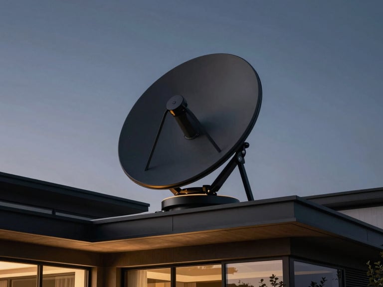 Starlink dish seamlessly integrated on a modern luxury villa rooftop, clean lines, dramatic twilight sky, wide architectural shot.