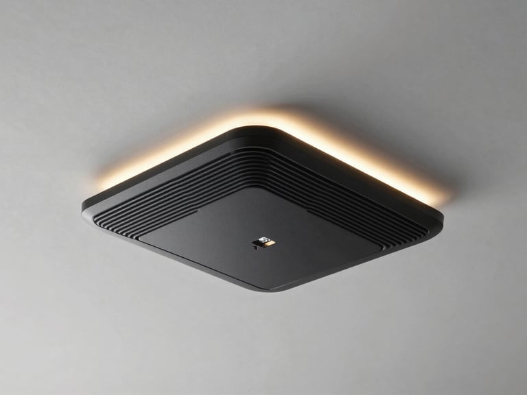 Sleek, matte-black access point mounted on a contemporary office ceiling, dramatic rim lighting, no visible wires, wide architectural shot.