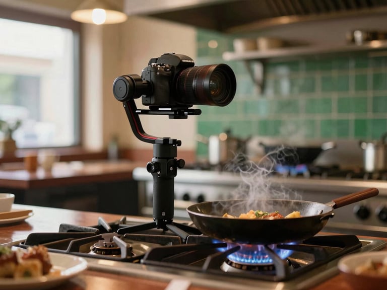 A professional camera on a compact stabilizer filming a sizzling pan over a gas flame in a busy restaurant kitchen, warm ambient light