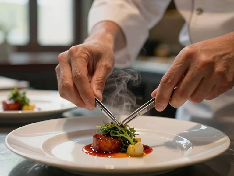 Close-up of a chef's hands carefully plating a delicate dish with tweezers under warm kitchen lights, shallow depth of field, steam rising