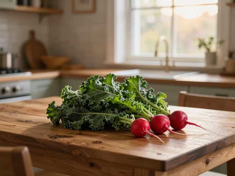 Cozy Scandinavian-style farm kitchen at dawn, wooden table with freshly harvested green kale and red radishes, soft window light, warm ambient glow.