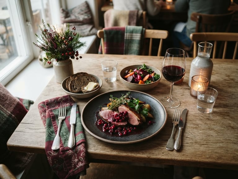 Overhead table spread of a cozy Scandinavian-style bistro, soft natural window light casting long shadows on rustic plates, rich crimson tones, shallow depth of field.
