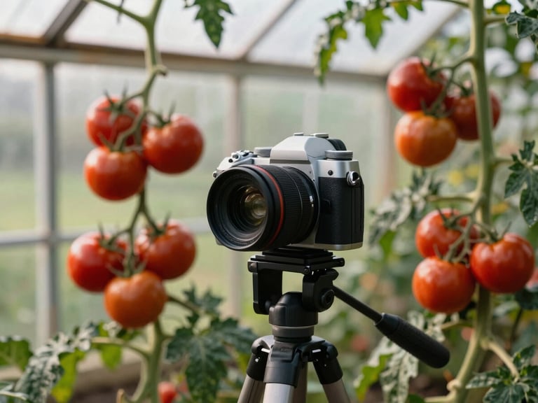 Close-up of a modern camera on a tripod positioned in a rustic greenhouse, focusing on vibrant tomato vines, soft natural light.