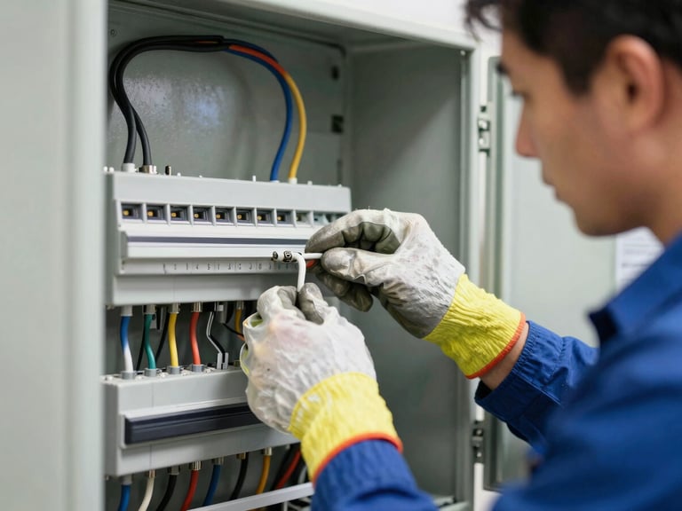An electrician carefully connecting wires inside an open electrical panel, wearing safety gloves. Bright, high-visibility indoor work light illuminates the detailed work. Crisp documentary photography, 35mm.