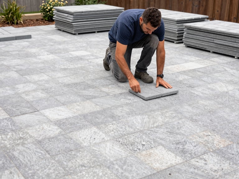 A landscaper meticulously laying paving stones for a patio, with neatly stacked materials and natural daylight. Medium-wide environmental shot showing the project in progress. Crisp documentary photography, 35mm.