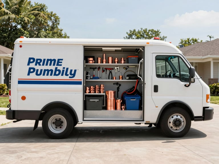 A clean, organized Prime Plumbing service truck parked in a suburban driveway, bright daylight, side door open revealing neatly stacked tools and copper fittings, wide landscape shot.