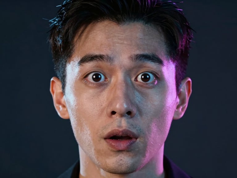 Close-up portrait of an actor with dramatic neon backlighting, intense expression of surprise, vertical 9:16 framing, sharp studio lighting, reflection of a ring light in the eyes
